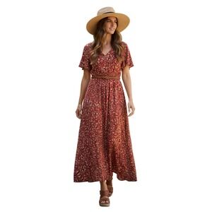 Grecerelle Red Paisley Floral Maxi Dress V-Neck Short Sleeve Elastic Waist M